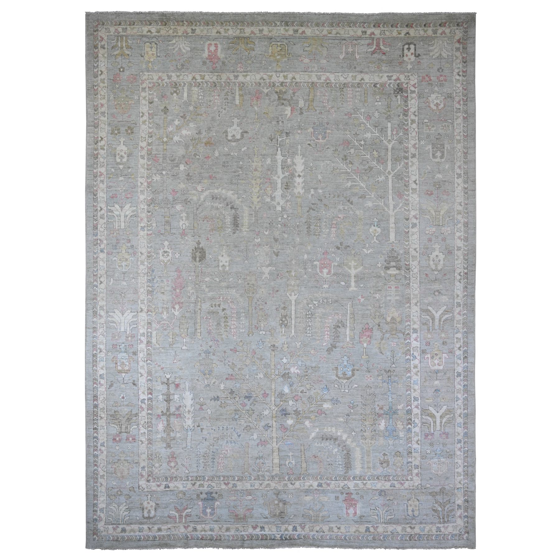 Misty Gray, Afghan Angora Oushak with Willow and Cypress Tree Design, Hand Knotted, 100% Wool, Vegetable Dyes, Oriental Rug